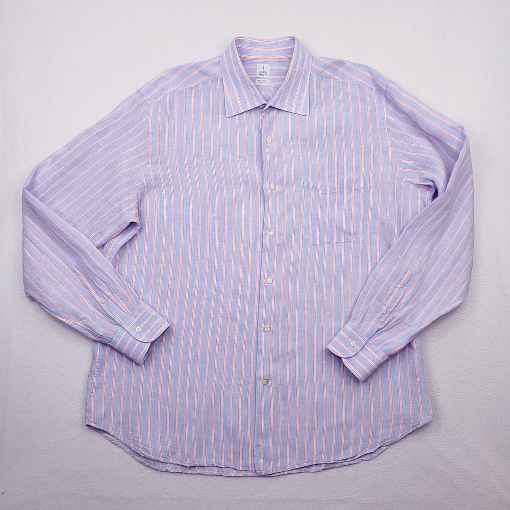 Mastai Ferretti Shirt Mens Extra‎ Large Blue Pink Striped Linen Button Up LS